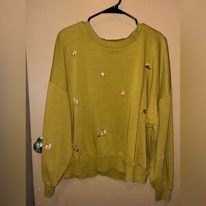 Lou & Grey Olive Embroidered Camping theme Crew Neck Sweater